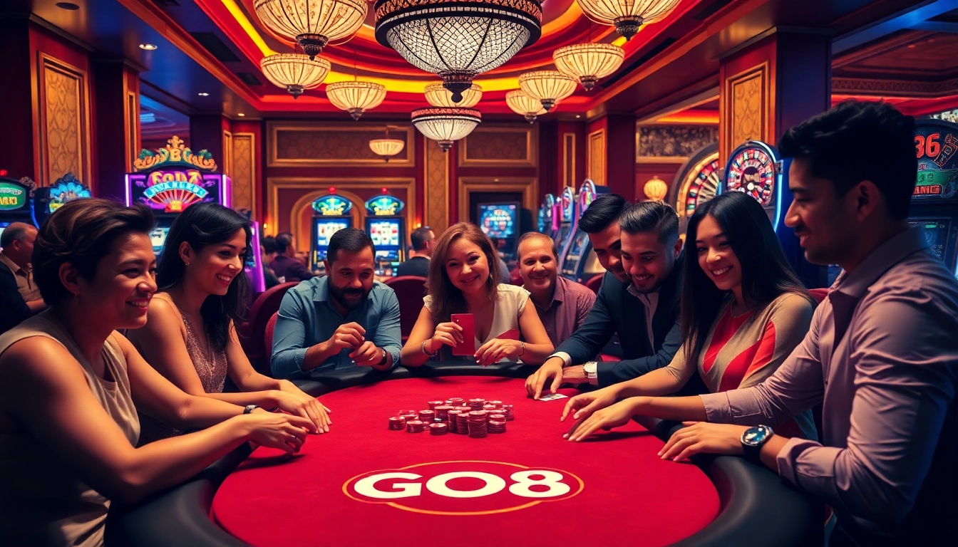 Players enjoying a thrilling GO8 poker game with cards and chips in a luxurious casino setting.