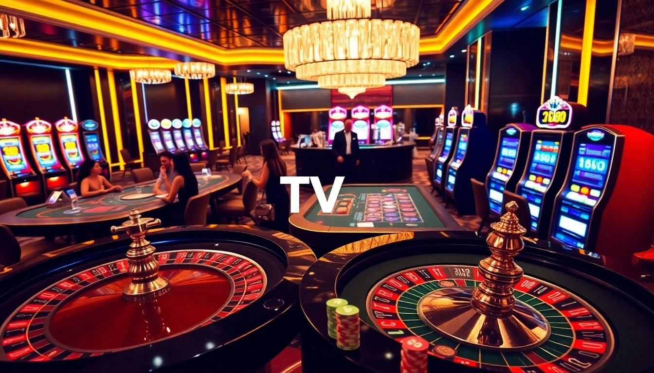 A vibrant scene showcasing TV88's stylish casino environment, featuring roulette and poker activities.