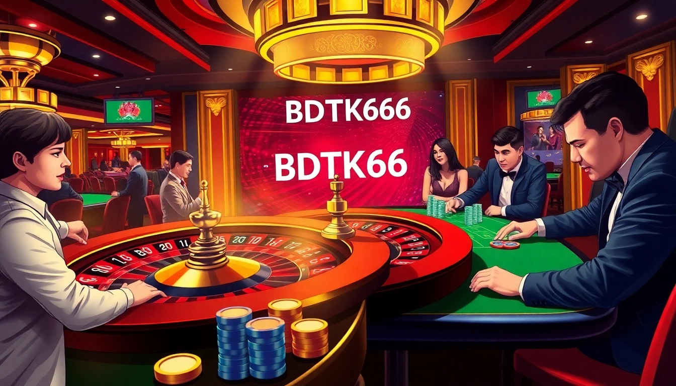 Experience thrilling wins at BDTK66 casino with vibrant roulette wheel, poker tables, and dynamic gameplay.