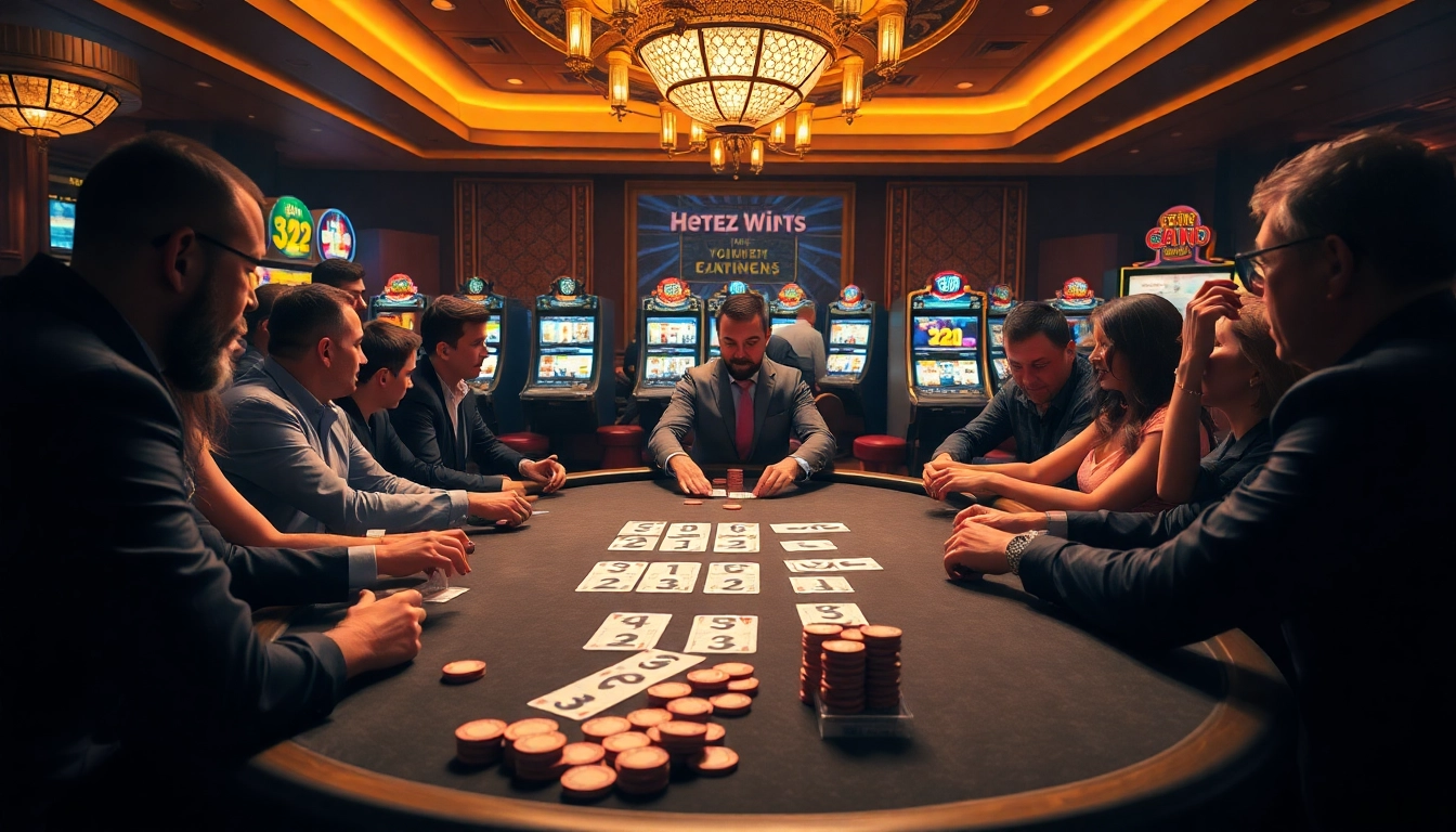 Experience the excitement of playing at 32WIN's luxurious poker table in a vibrant casino setting.