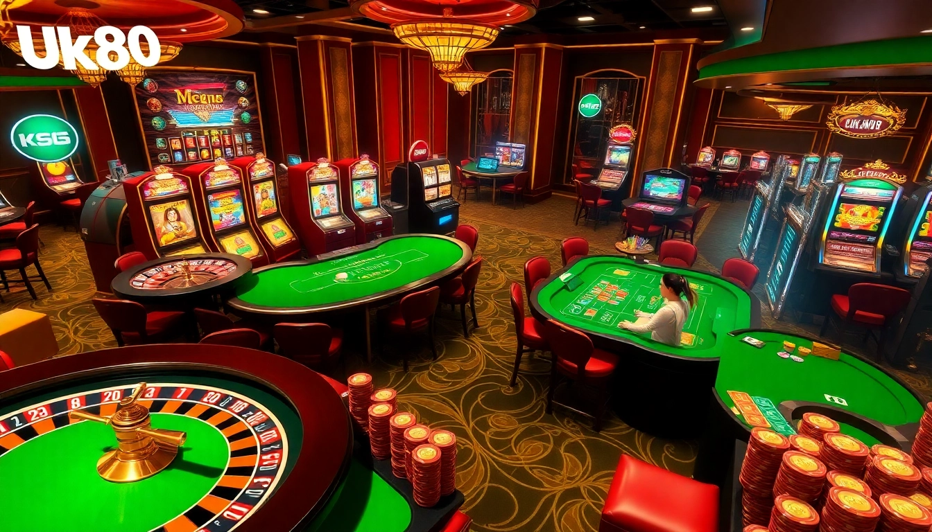 Experience the thrill of online gambling with UK88's vibrant casino scene filled with exciting games and luxury decor.