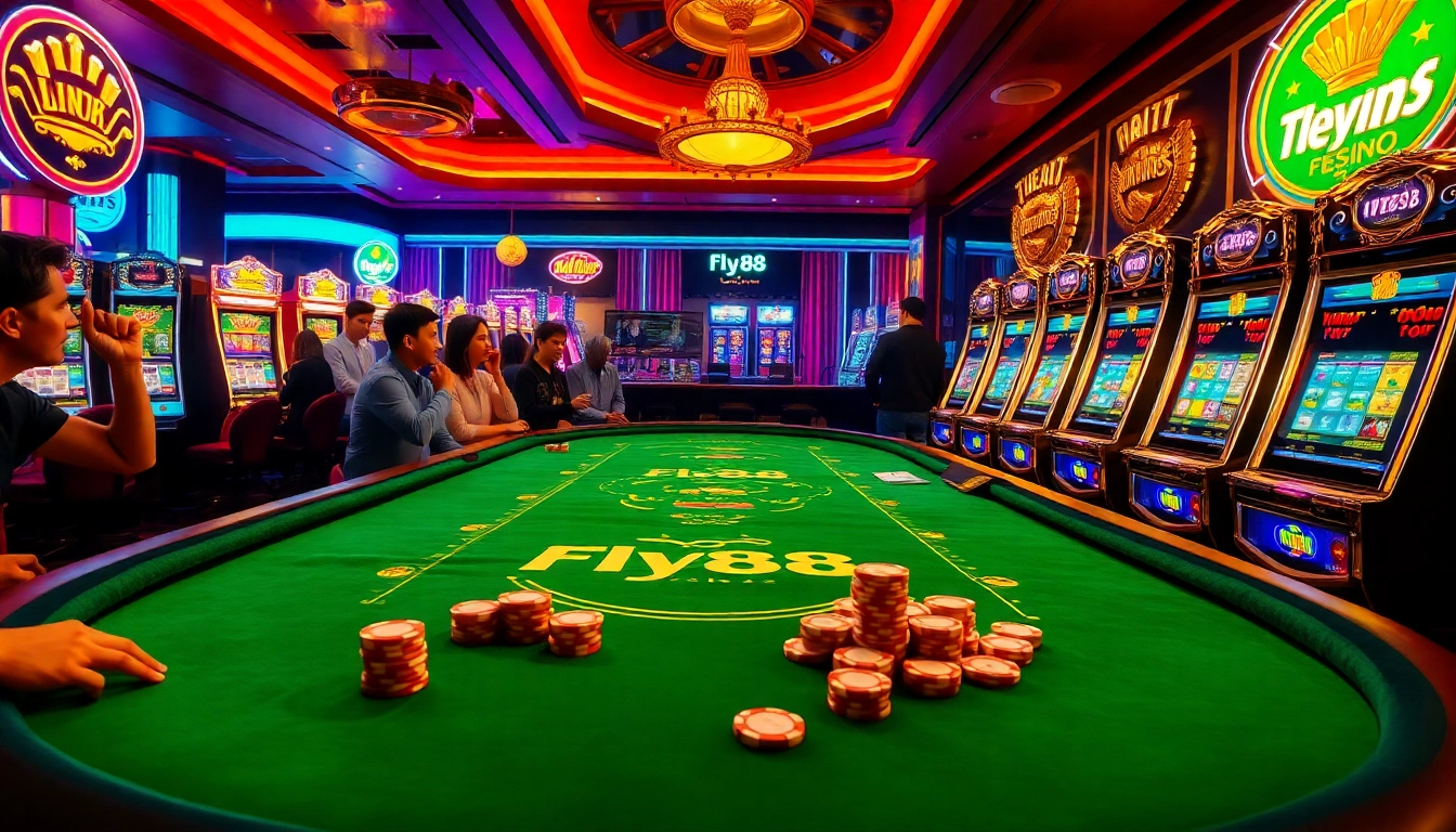 Players engaging with Fly88-themed casino games at an elegant gaming table surrounded by vibrant lights.