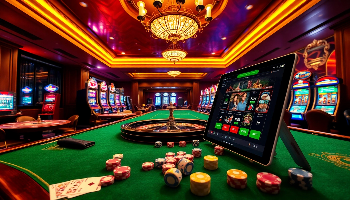 Engaging casino scene showcasing vibrant games and online gambling at https://rr88c.org/, with poker chips and roulette.