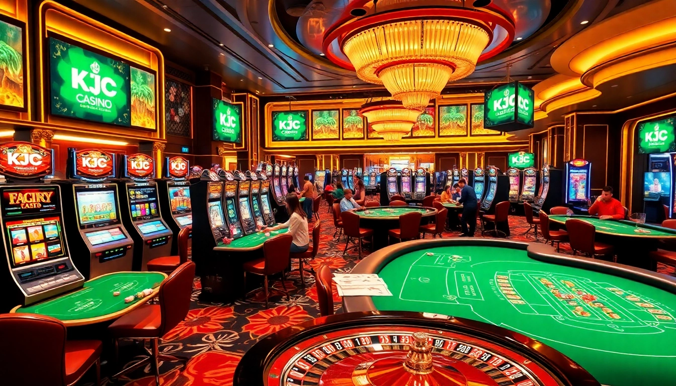 KJC gaming floor featuring slot machines, roulette, and excited players immersed in gambling action.