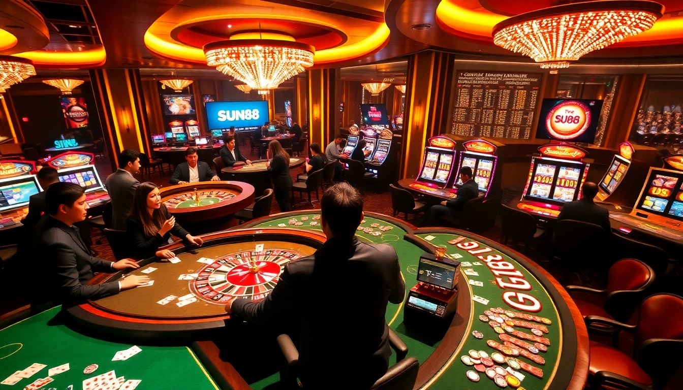 Exciting gaming scene at Sun88 featuring diverse gamblers at the casino tables.