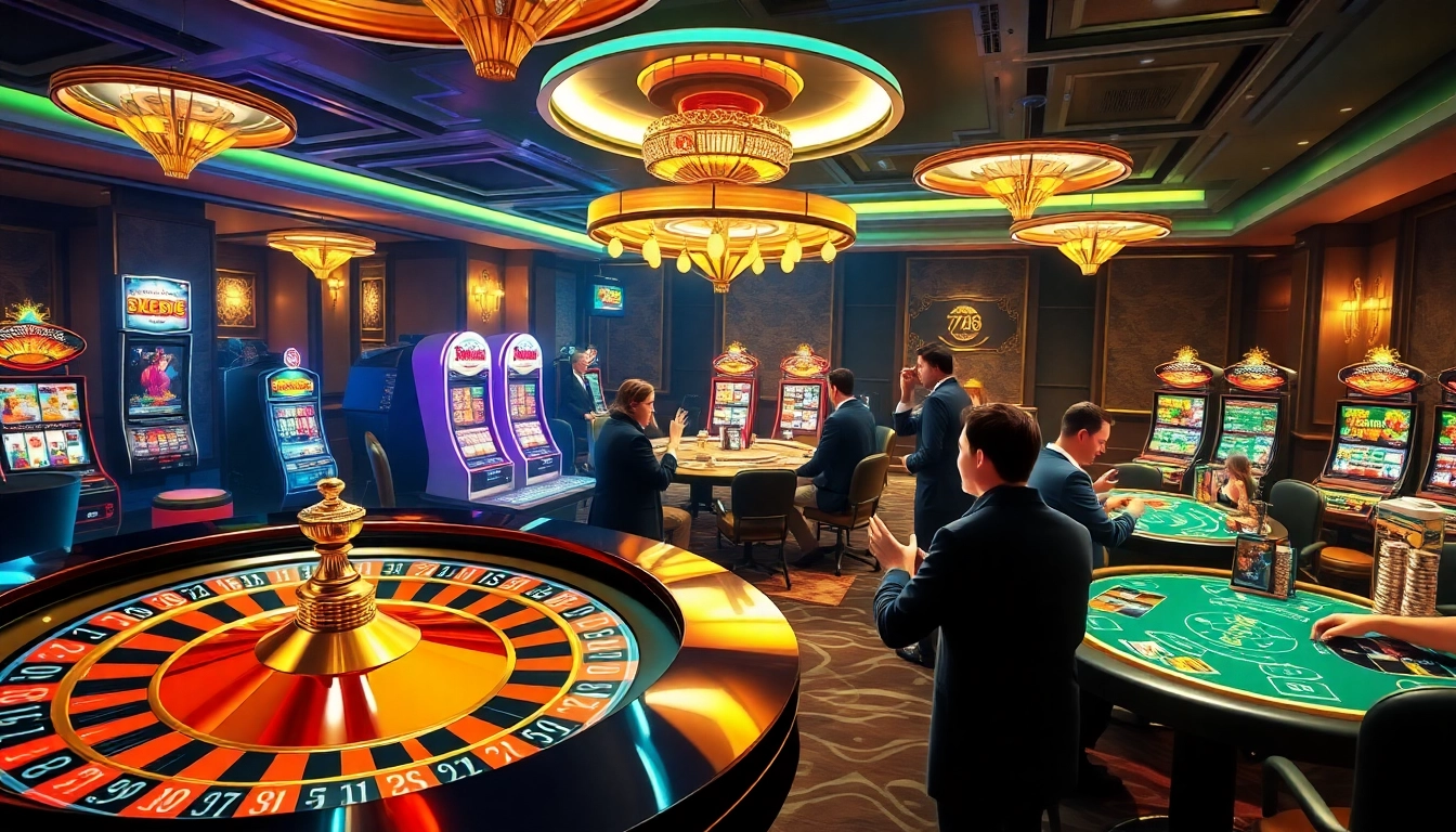 Players strategizing and winning at 788t's luxurious casino tables with vibrant slot machines.