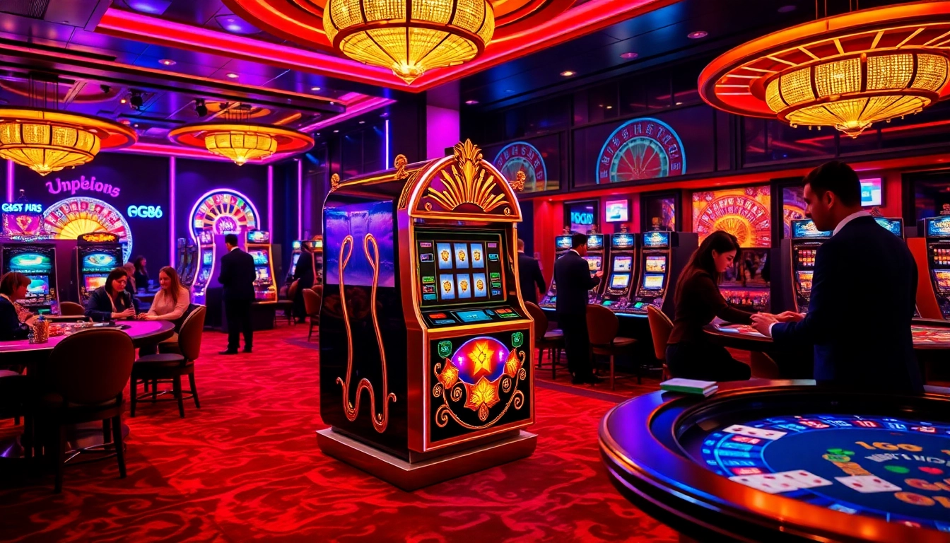 Players enjoying the thrill of pg88 slot machines in a vibrant casino atmosphere.