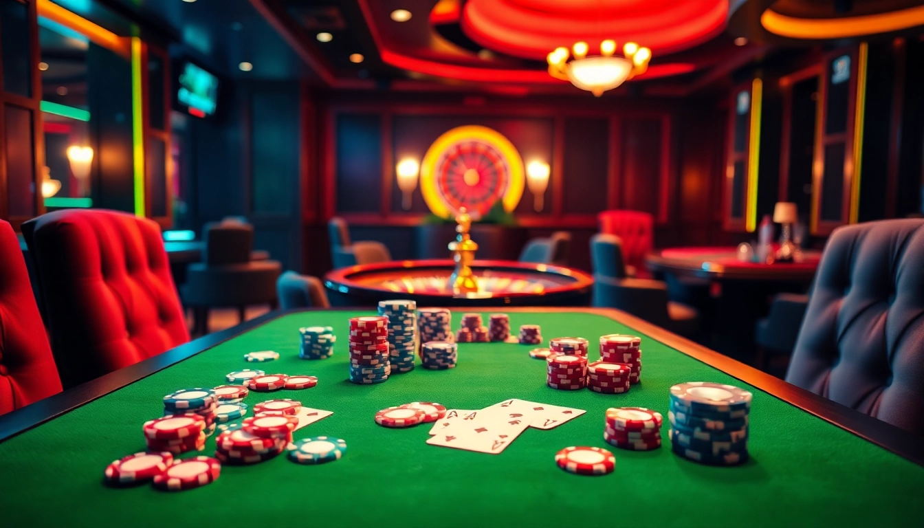 Join the excitement at https://23winn.casino/ with a vibrant casino scene filled with poker chips and cards.