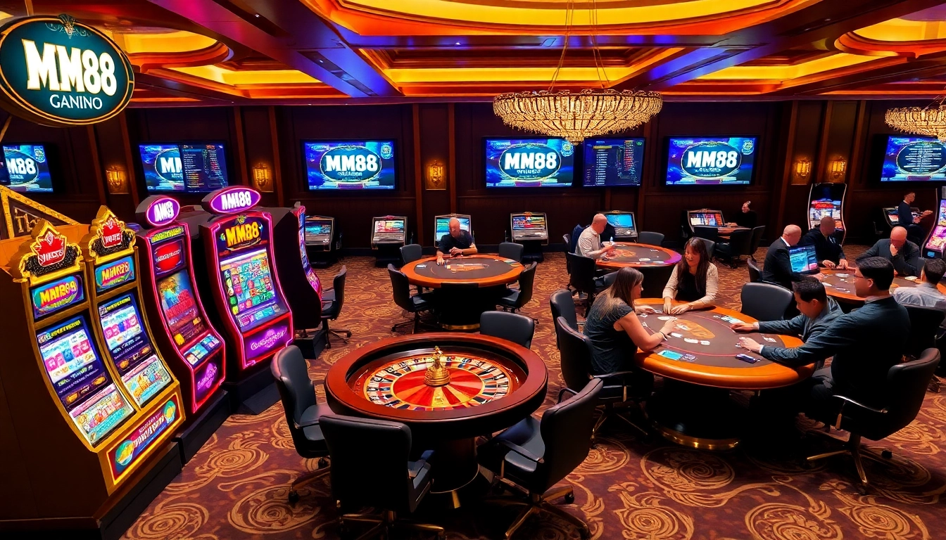 Players enjoying a thrilling casino experience with MM88 branded poker chips and machines.