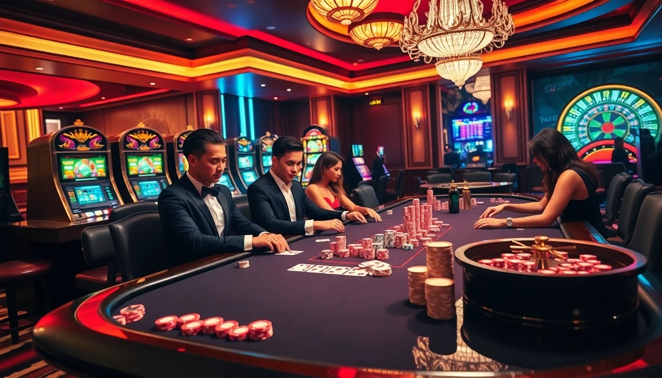 High-stakes poker players immersed in action at https://33winn.gold/, surrounded by vibrant casino ambiance.
