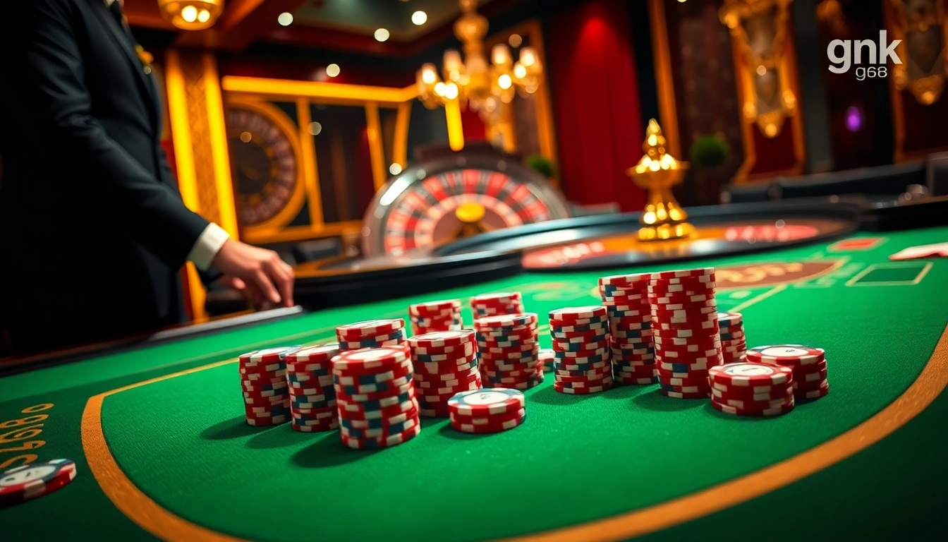 Experience an exciting casino atmosphere with high stakes at Link gg88, showcasing luxurious tables and vibrant chips.