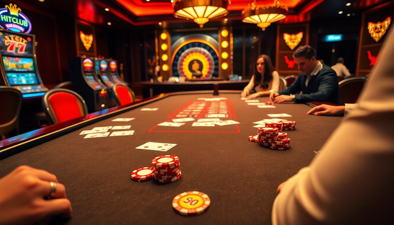 Experience thrilling gameplay at HITCLUB's luxurious casino table with vibrant poker chips.