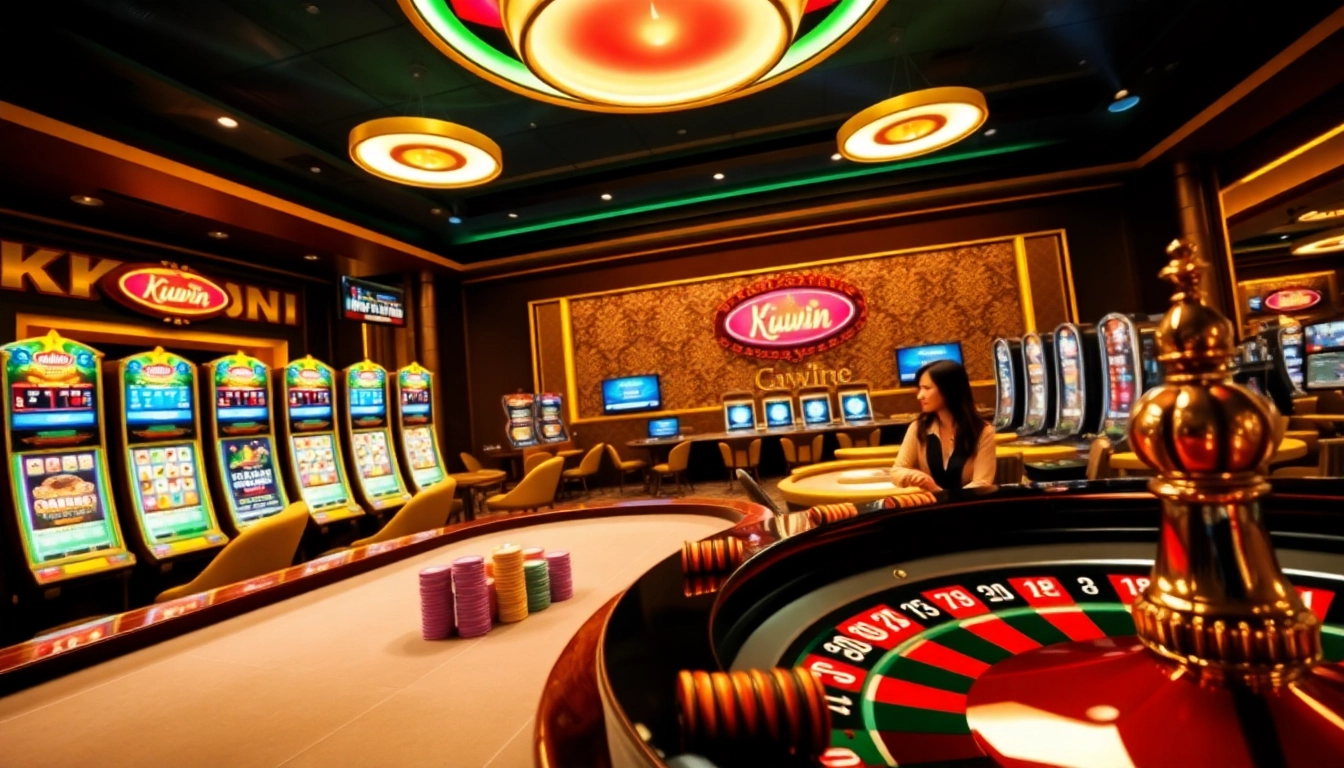 Kuwin gamblers enjoying a thrilling environment with vibrant slot machines and poker tables.