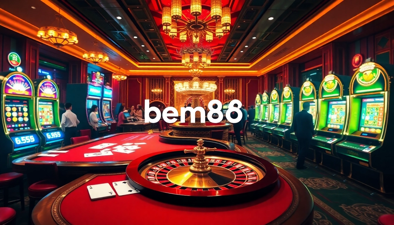 Experience the excitement of bem88 with vibrant casino tables, slot machines, and engaging players.