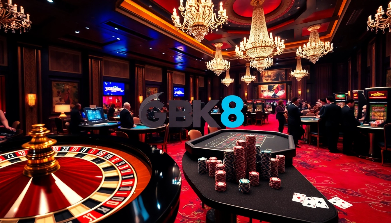 Experience the thrill of bk8 at a luxurious casino with poker chips and roulette wheel.