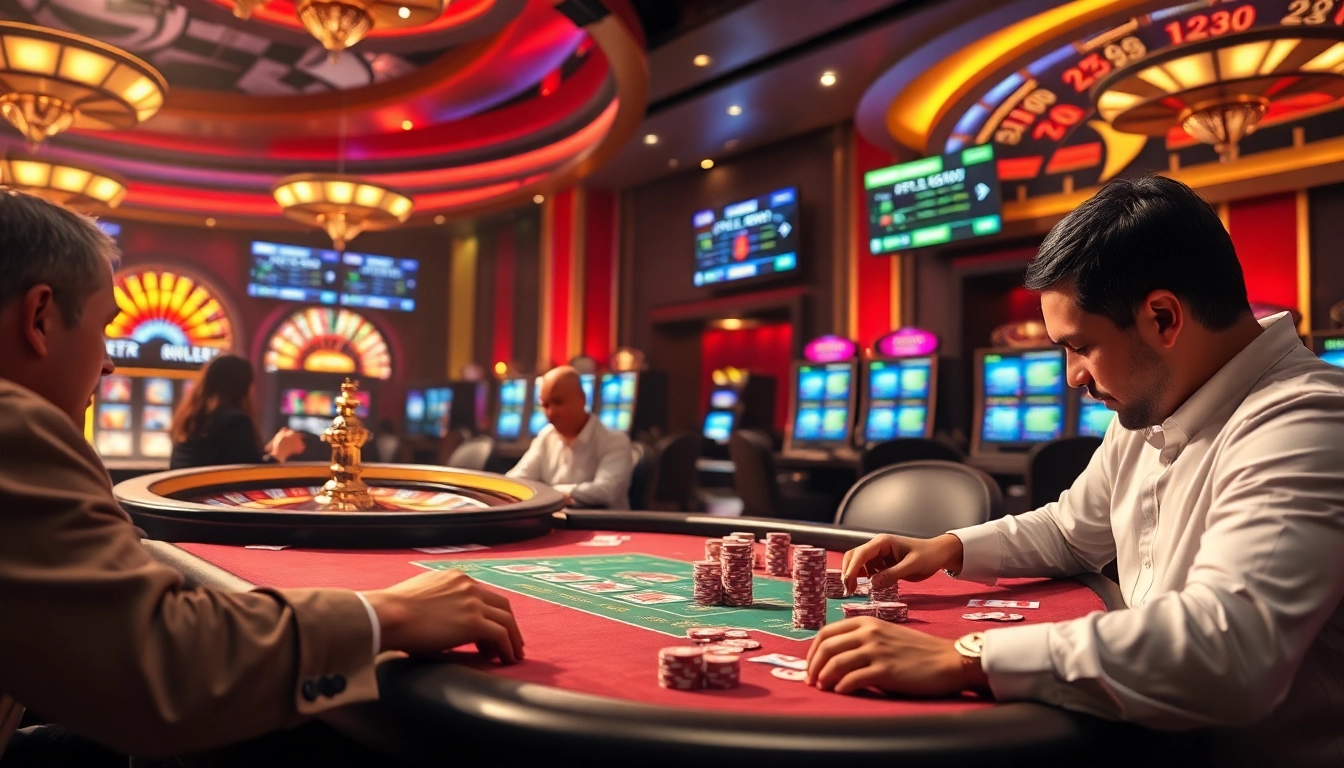 Gambling excitement at rr88 with a bustling casino atmosphere featuring chips and cards.