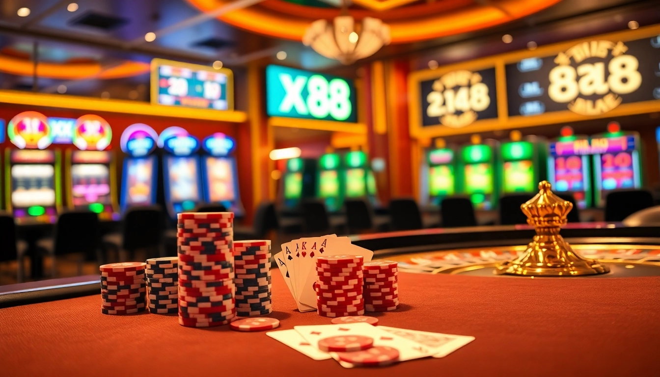 Exciting poker scene featuring xin 88 chips and cards on a luxurious casino table