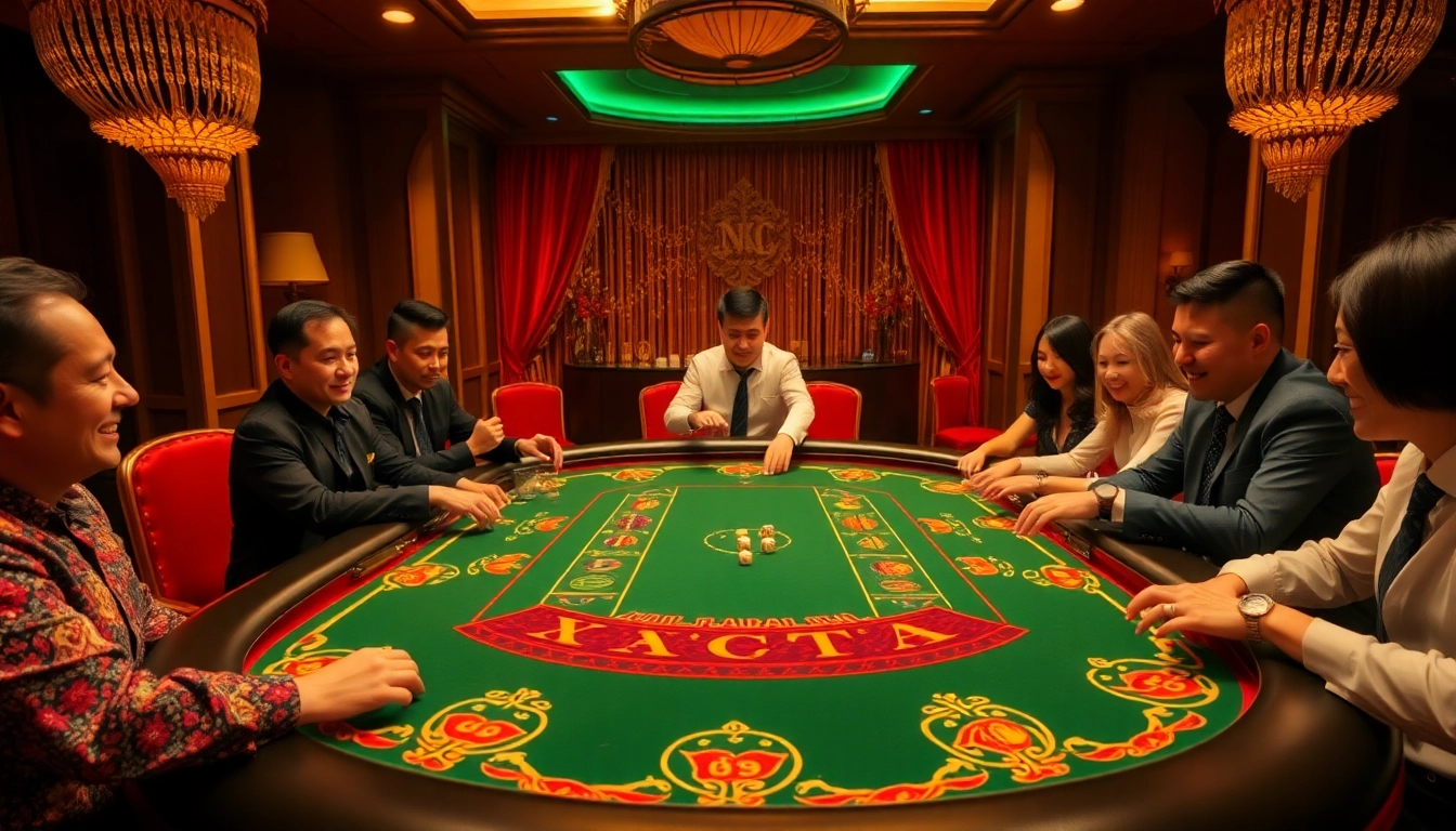 Xóc đĩa game table featuring vibrant colors and engaged players in a luxurious casino setting.