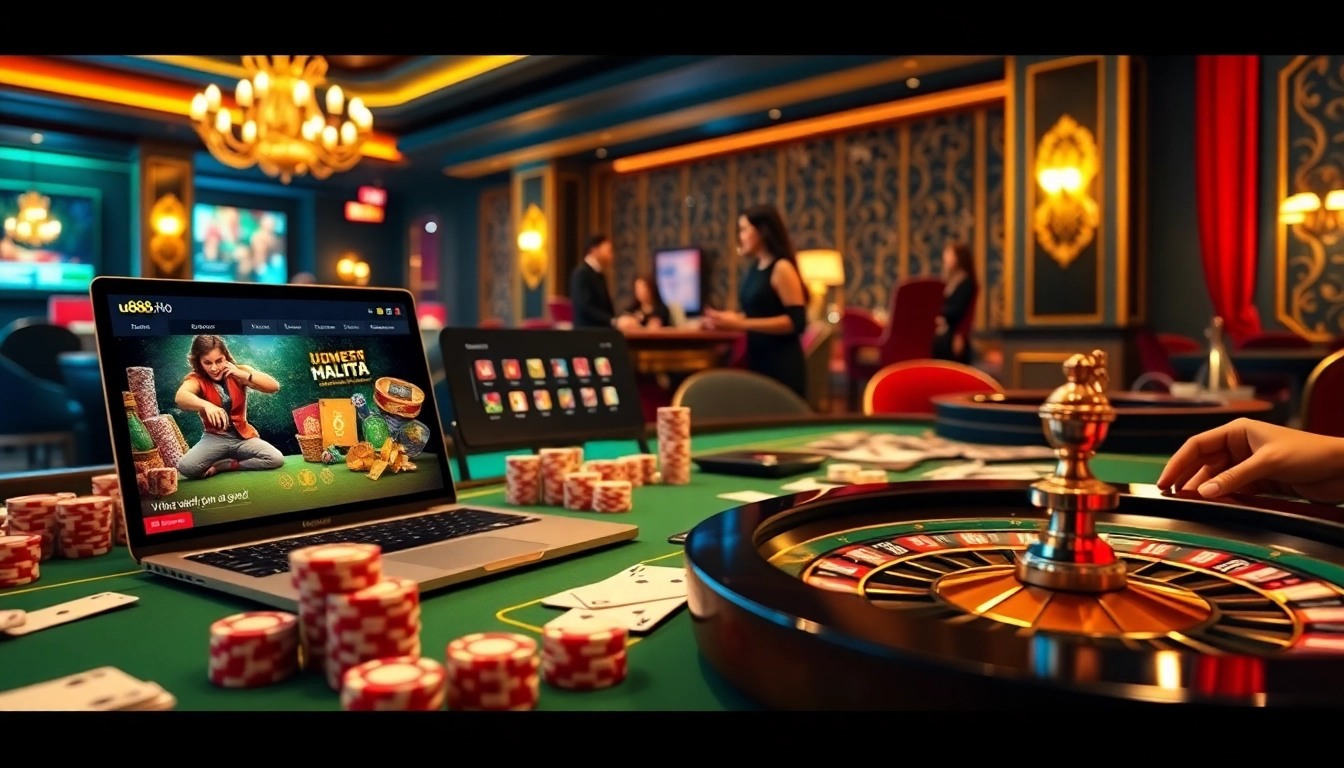 Experience online gambling excitement at u888 with a vibrant casino scene featuring poker chips and a roulette wheel.