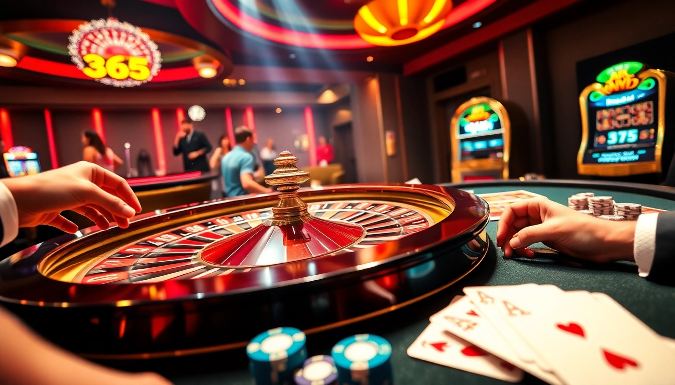 Players enjoying thrilling games at ok 365 casino, featuring roulette, poker, and slot machines.