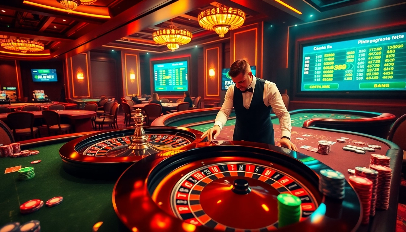Experience thrilling gambling action at Fb88 with lively poker and roulette scenes.