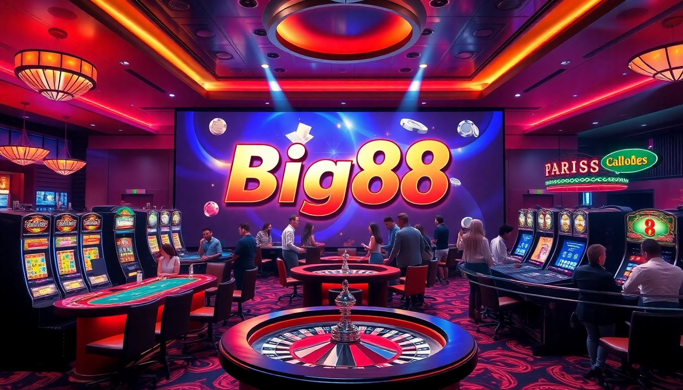 Experience the thrill of Big88 as players engage with dynamic poker and slot machines in an upscale casino setting.
