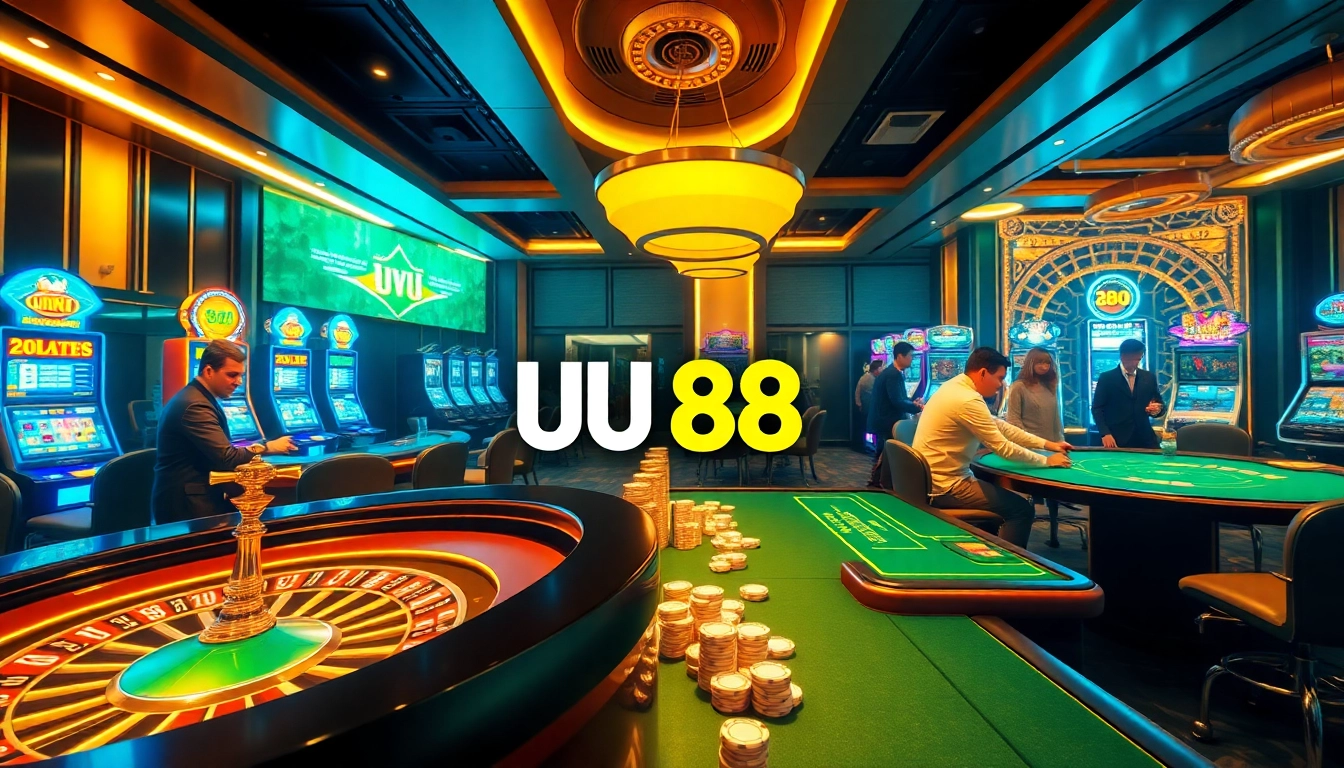 Experience the thrill of casino gaming at UU 88 with poker chips, a roulette table, and vibrant slots.