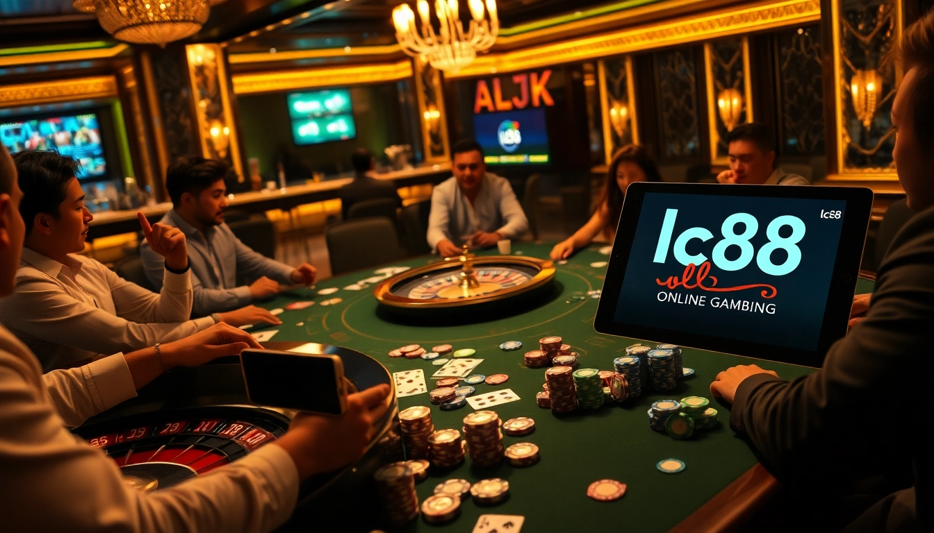 Experience the thrill of lc88 with an exciting poker game set in a luxurious casino, featuring vibrant chips and cards.