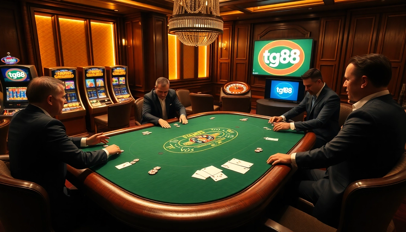 Players enjoying a thrilling poker game at a luxurious casino table featuring tg88 branding.
