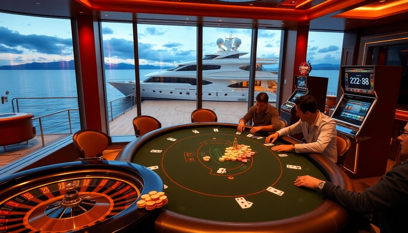 Engage in high-stakes poker at a luxurious casino with SX88 yacht backdrop.