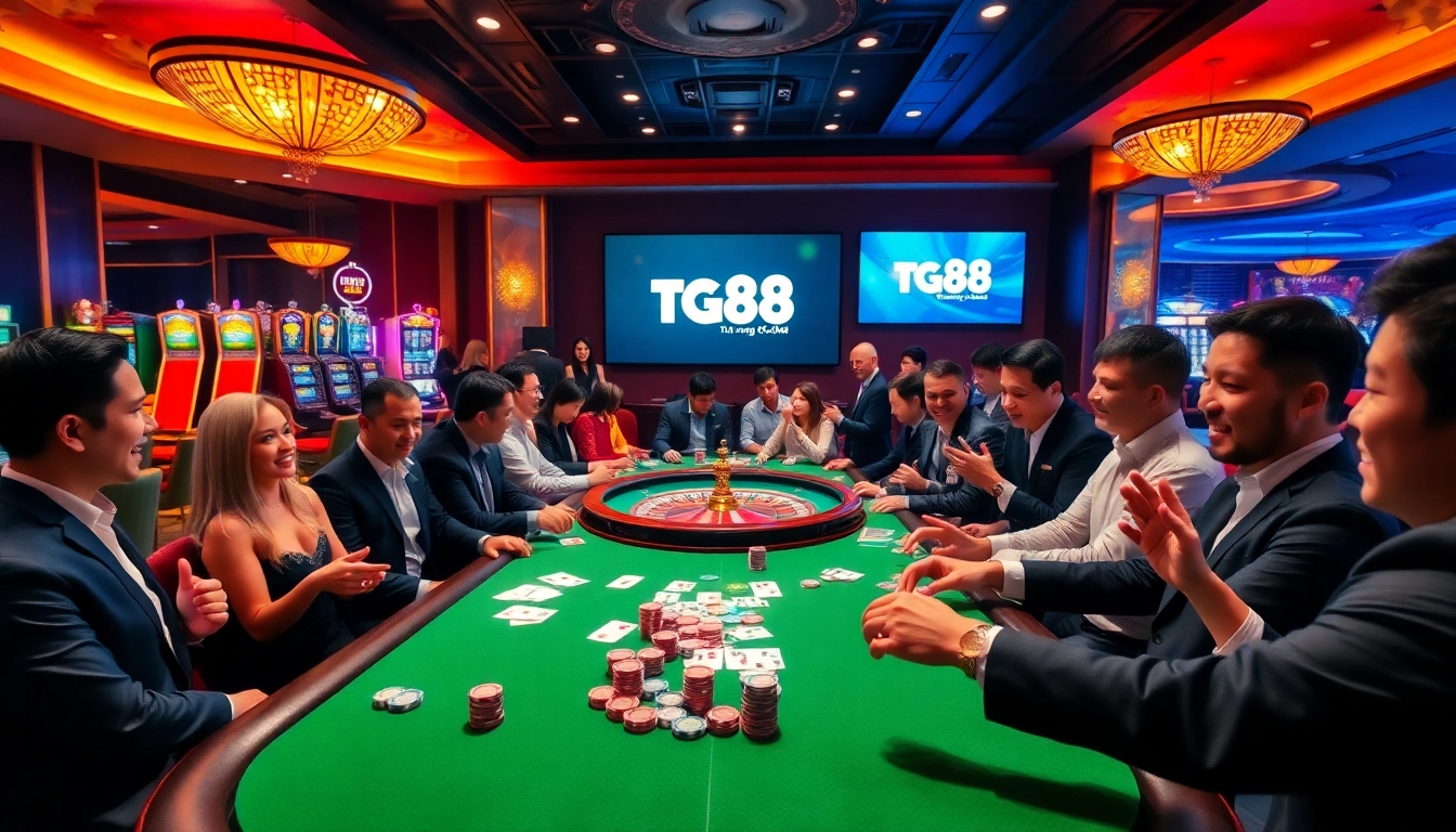 Experience the thrill of tg88 trang chủ with a vibrant casino scene featuring live poker and slot machines.