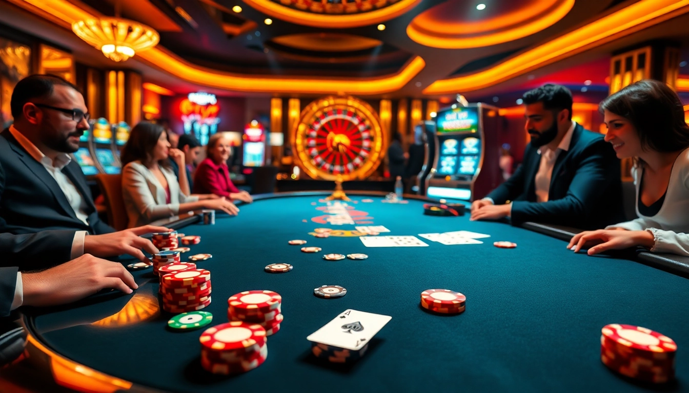 Players engage in a thrilling BL555 poker game at a vibrant casino table.