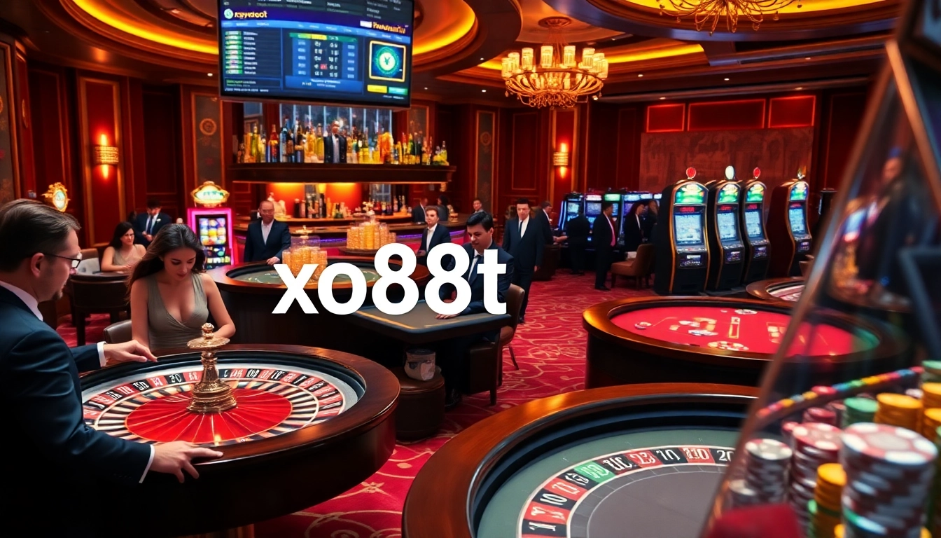 Players enjoying high-stakes gambling with xo88t3 betting options in a luxurious casino.