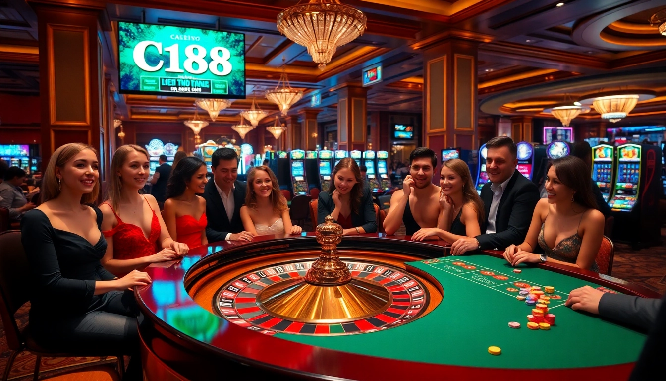 A vibrant casino scene featuring C168 logo and roulette table, highlighting the thrill of gambling.
