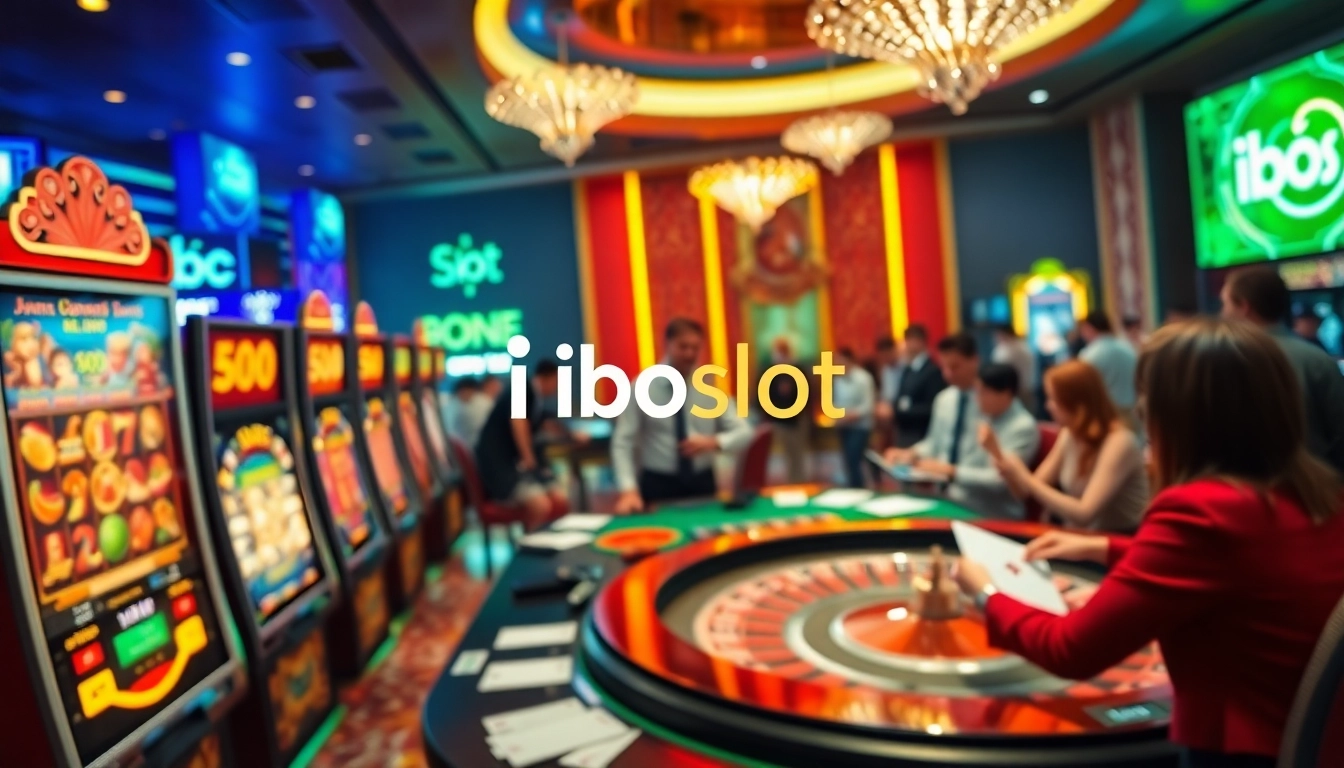 Iboslot players enjoying a dynamic online casino experience with vibrant slot machines and professional dealers.