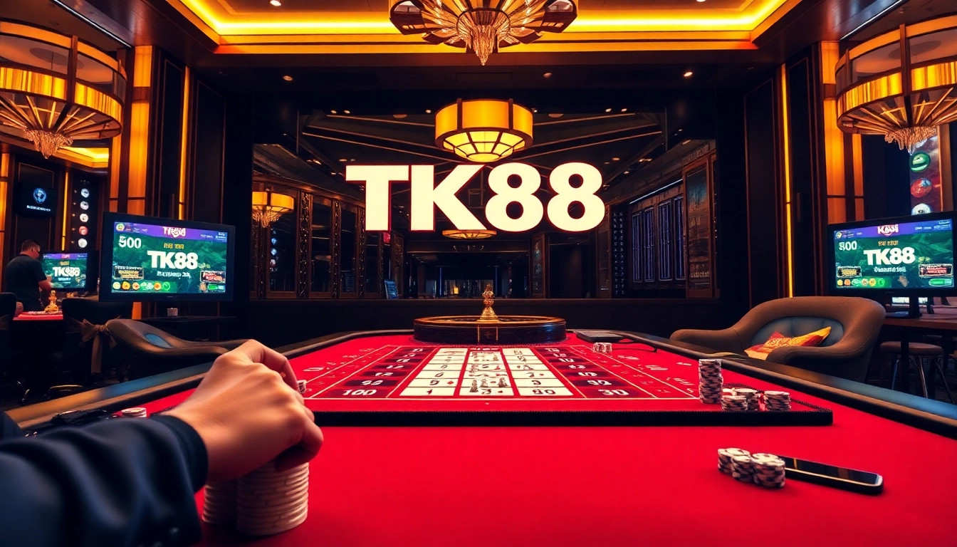 Excited players engaging in a high-stakes TK88 casino game with vibrant cards and chips.