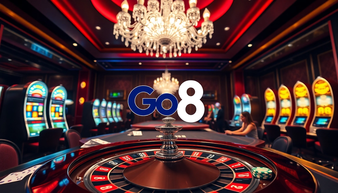 Engage with Go8 players at a luxurious casino table surrounded by slots and roulette.