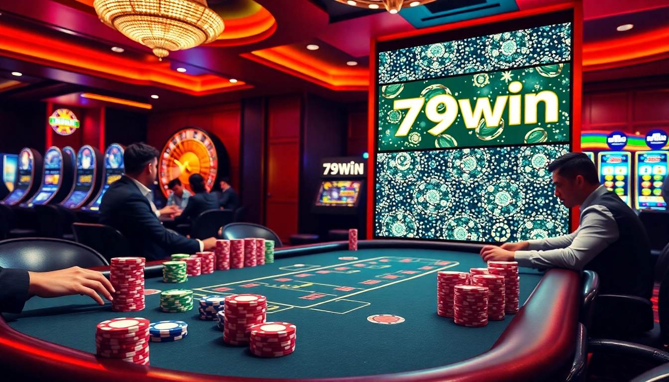 A vibrant casino scene showcasing intense poker action at 79win's luxurious table with colorful chips and a spinning roulette wheel.
