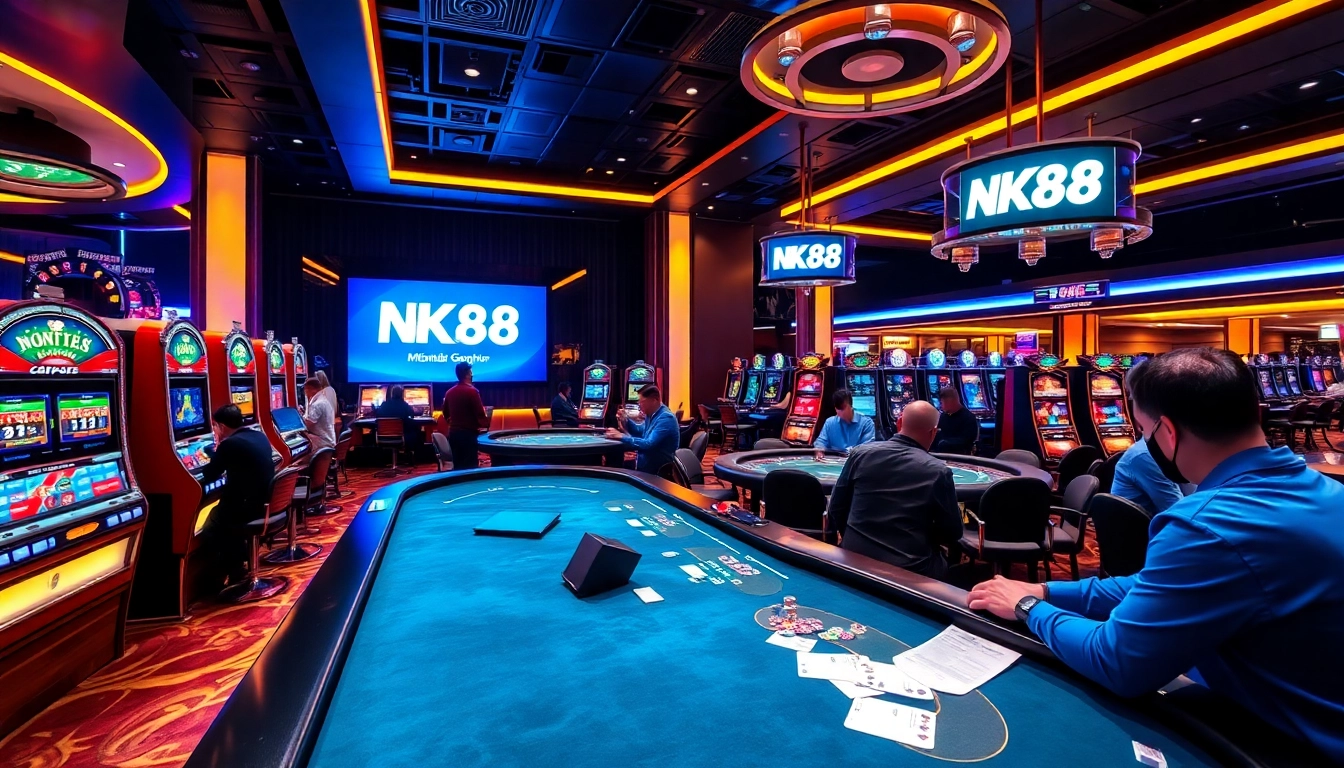 Engaged players in a vibrant casino scene showcasing NK88 gaming excitement.