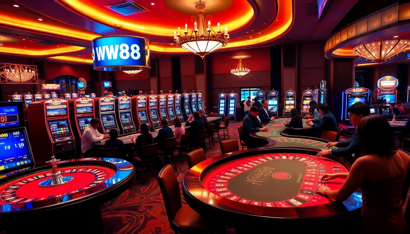 Players enjoying exciting games and betting activities at ww88 casino, showcasing vibrant slot machines and tables.