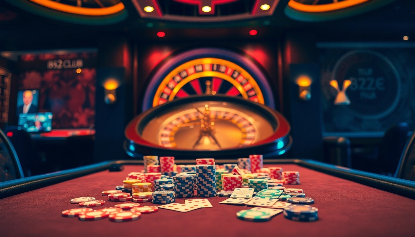Players enjoy high-stakes poker at b52club's luxurious casino table with vibrant chips and cards.