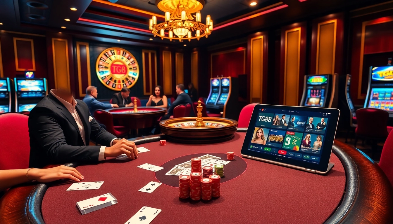 Engaging scene of TG88-themed casino action with players at a poker table.