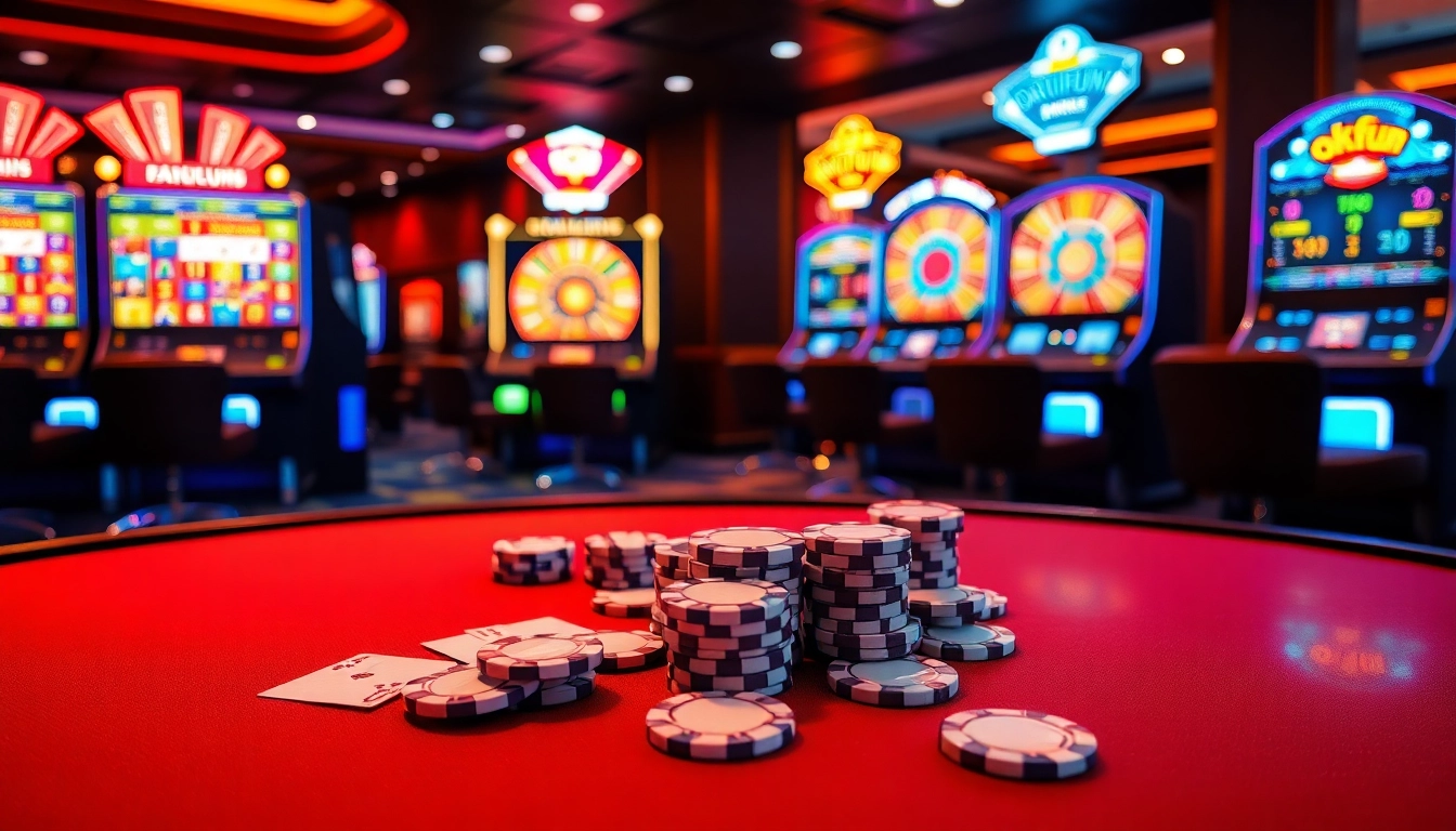 Engage with okfun at a vibrant casino table adorned with poker chips and cards.