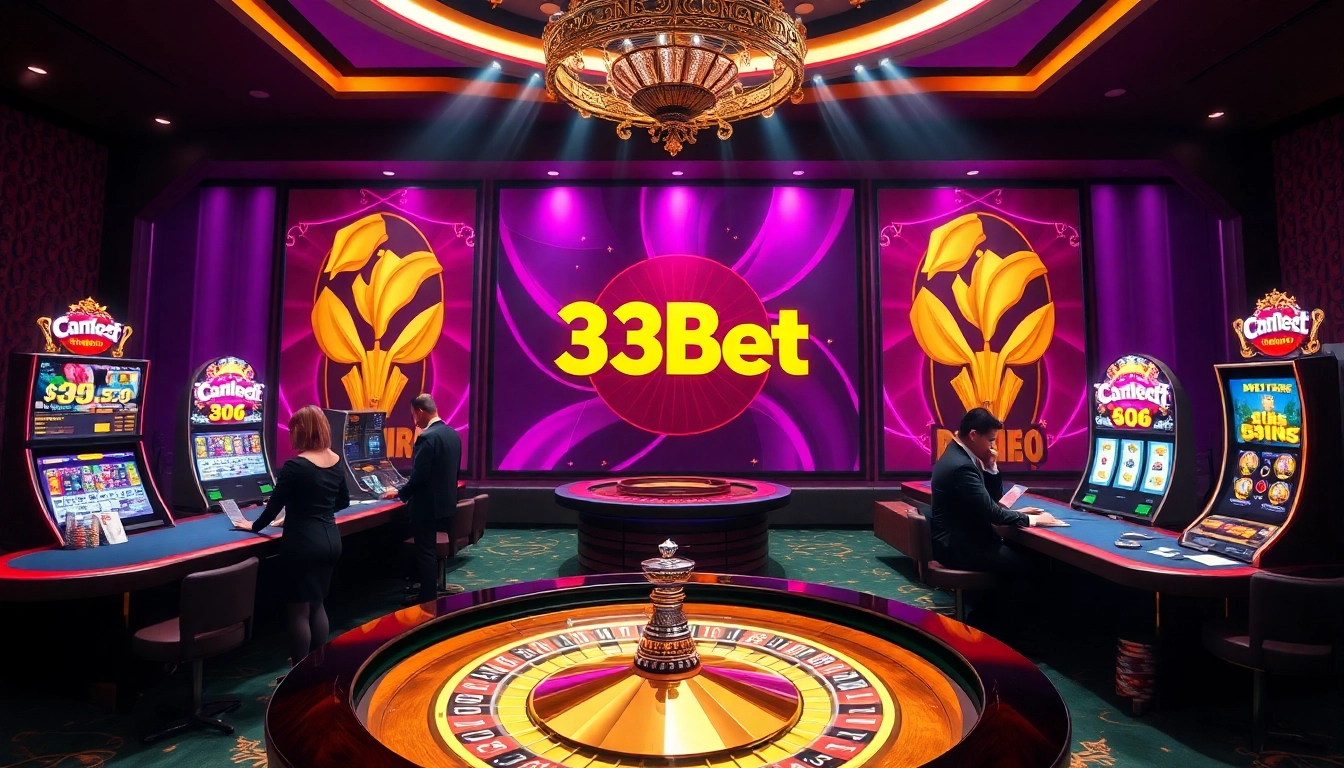 Experience the thrill of winning at 39bet with a luxurious casino scene filled with vibrant gambling elements.