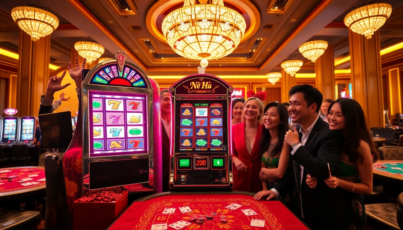 A vibrant nổ hũ scene featuring excited players beside a colorful slot machine in a luxurious casino setting.