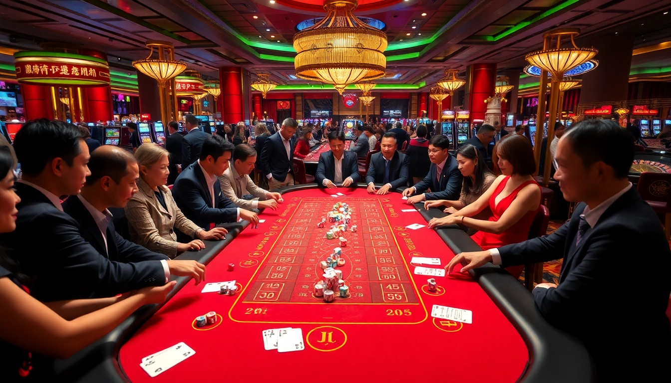 A group of excited players engaging in a thrilling Tài Xỉu MD5 game at an elegant casino table.