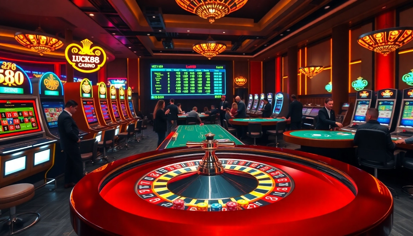 Experience the thrilling action of luck88 at an exciting casino scene with roulette and slot machines.