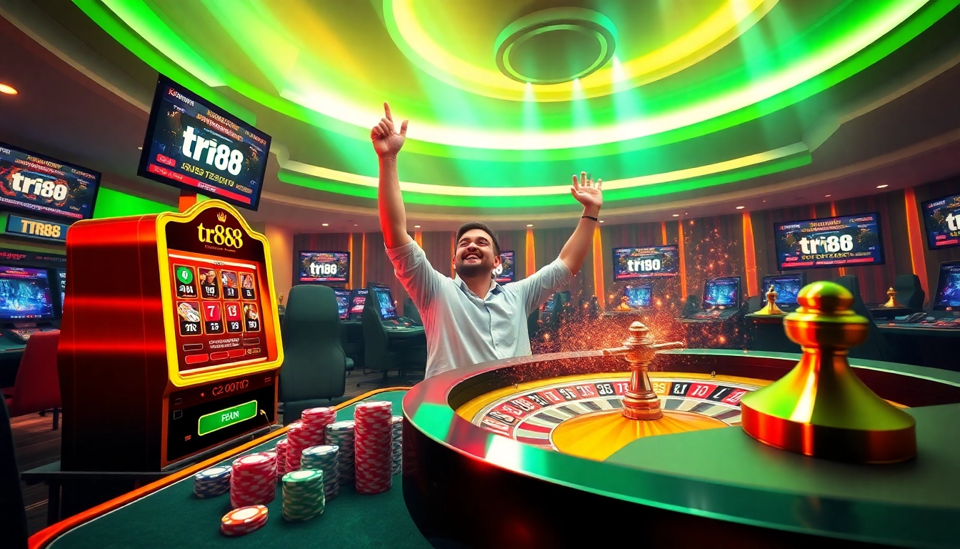 Celebrate a big win at tr88 with vibrant slot machines and colorful poker chips in a luxurious casino environment.