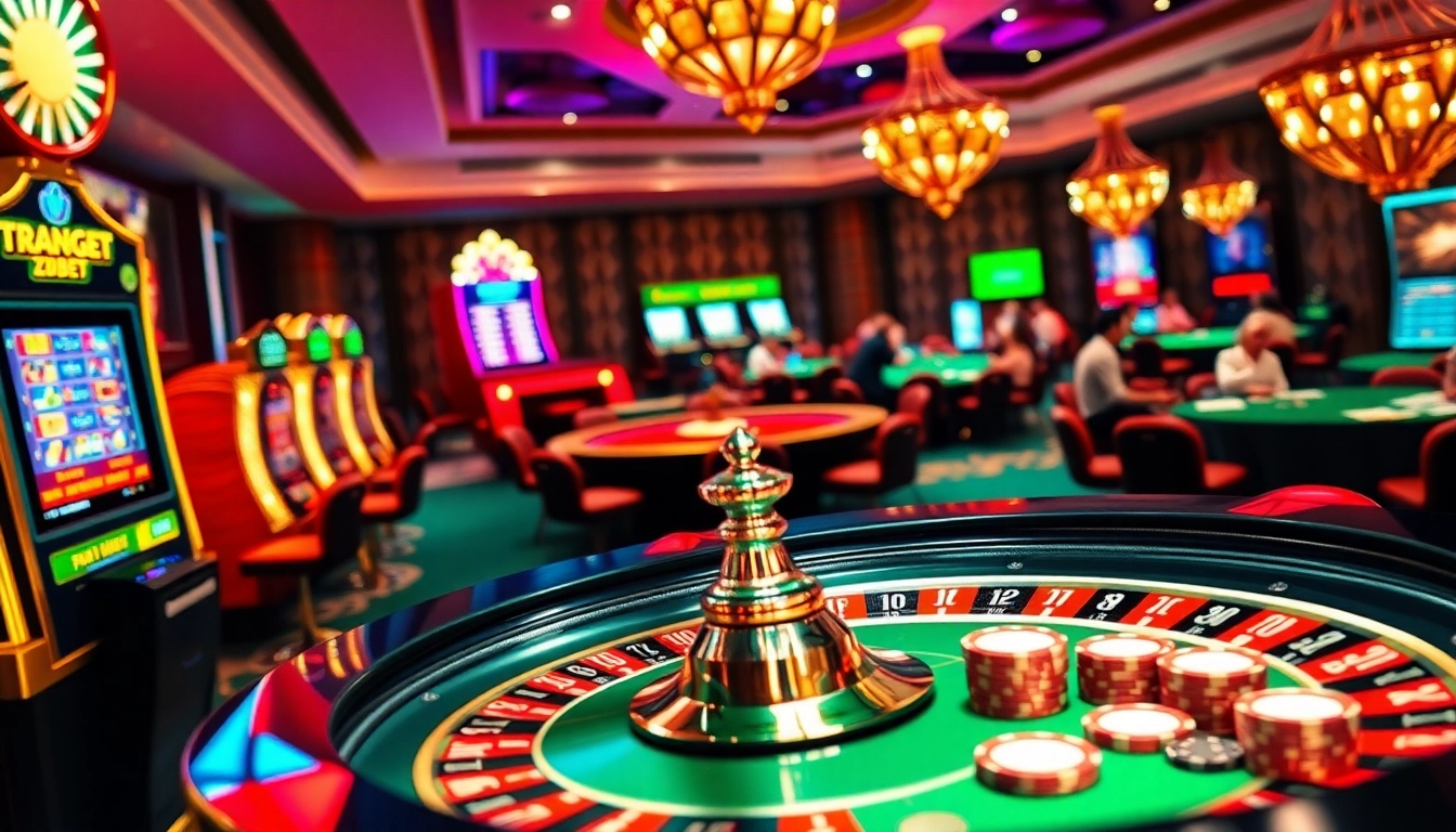 Exciting casino visuals featuring slot machines and poker action - trang chủ zbet experience.