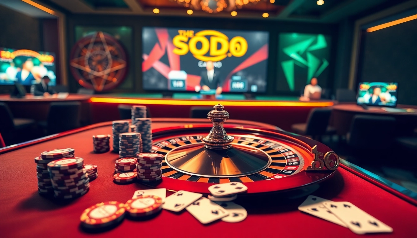 SODO 66 casino scene showcasing poker chips, roulette wheel, and online gaming interface.